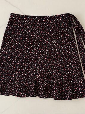 LOFT Black Floral Circle Skirt with Red and Pink Dots